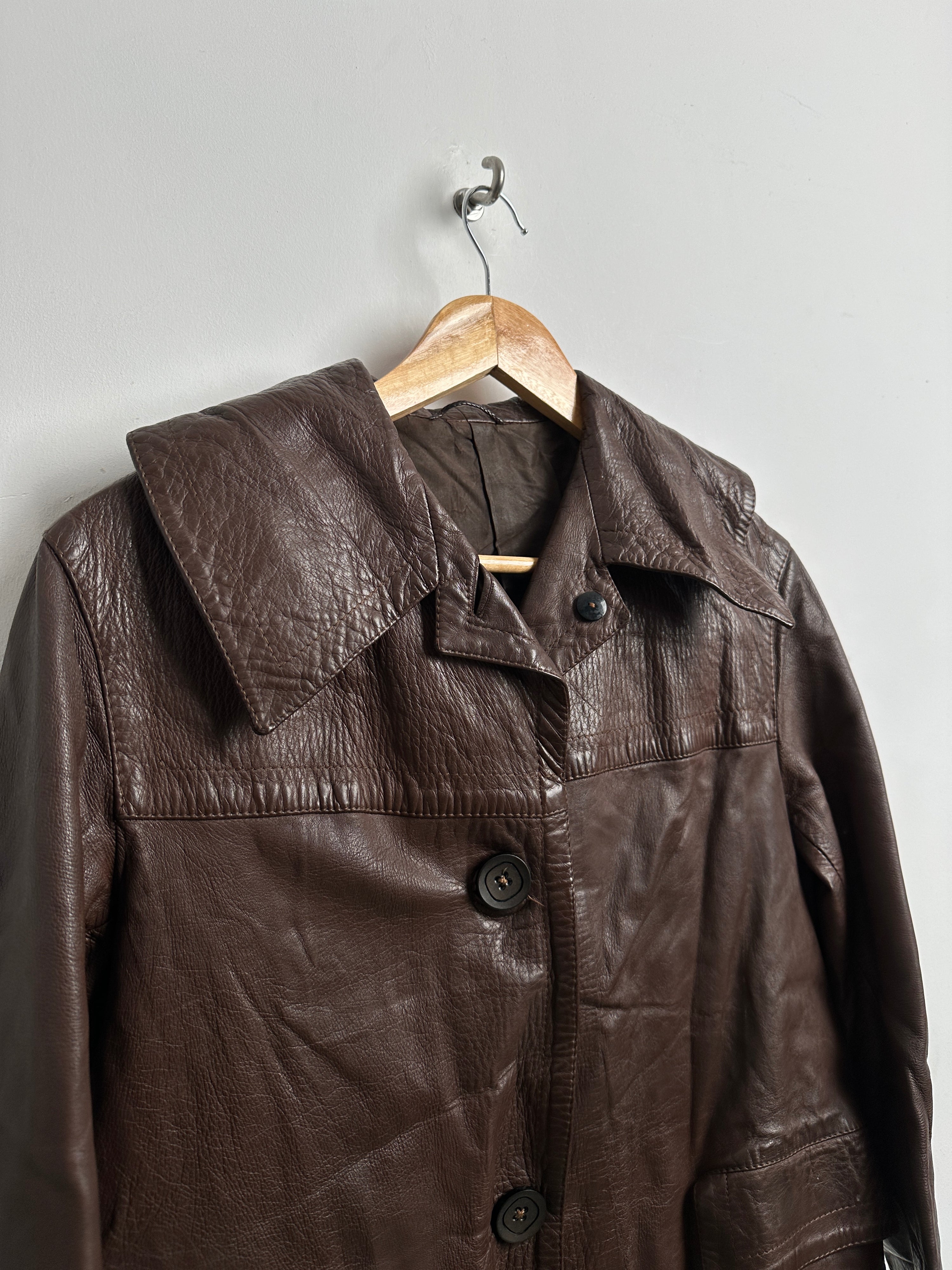 Brown leather button up trench