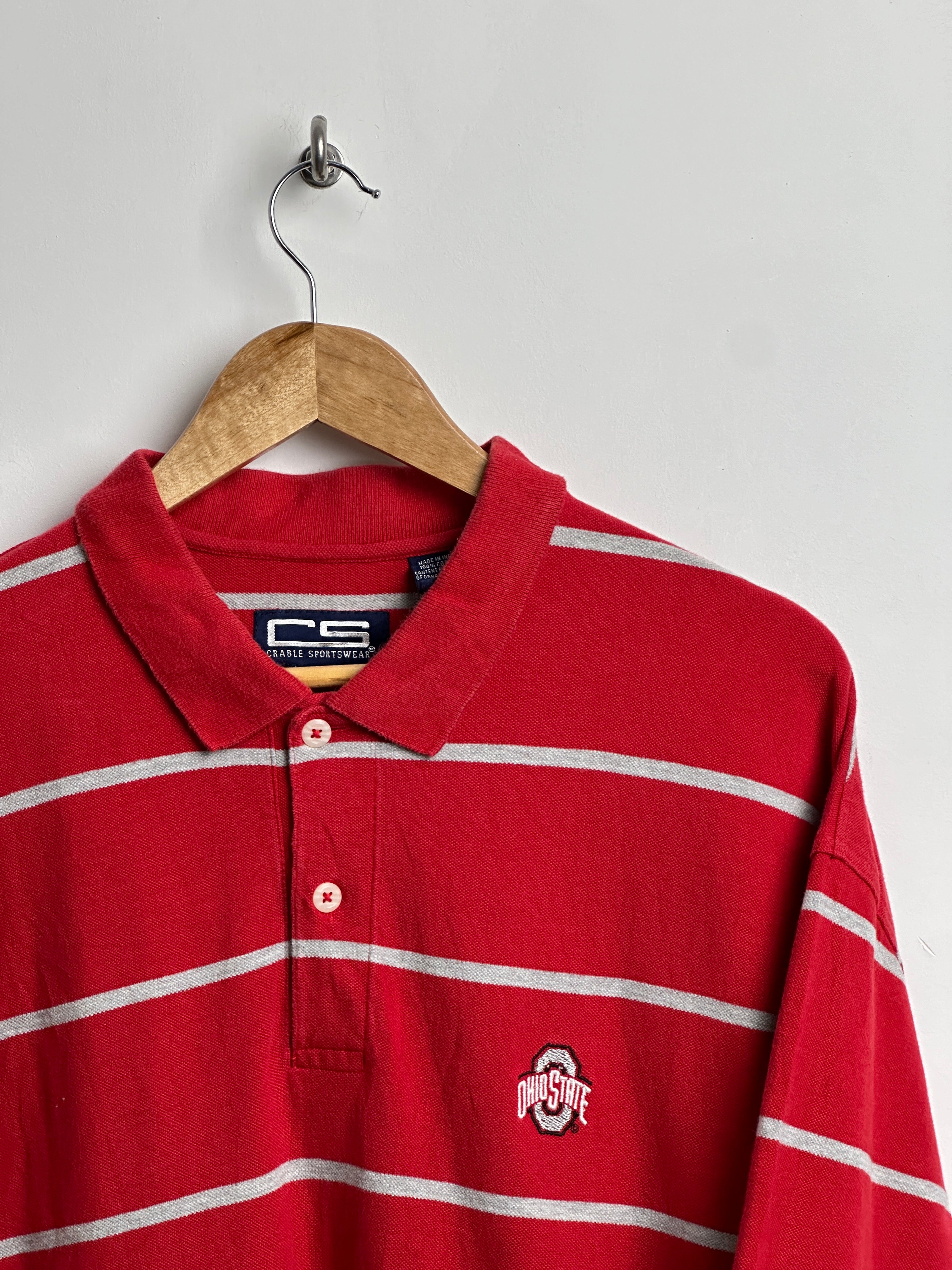 Ohio State short-sleeve polo shirt in red with grey stripes - thrift.mt