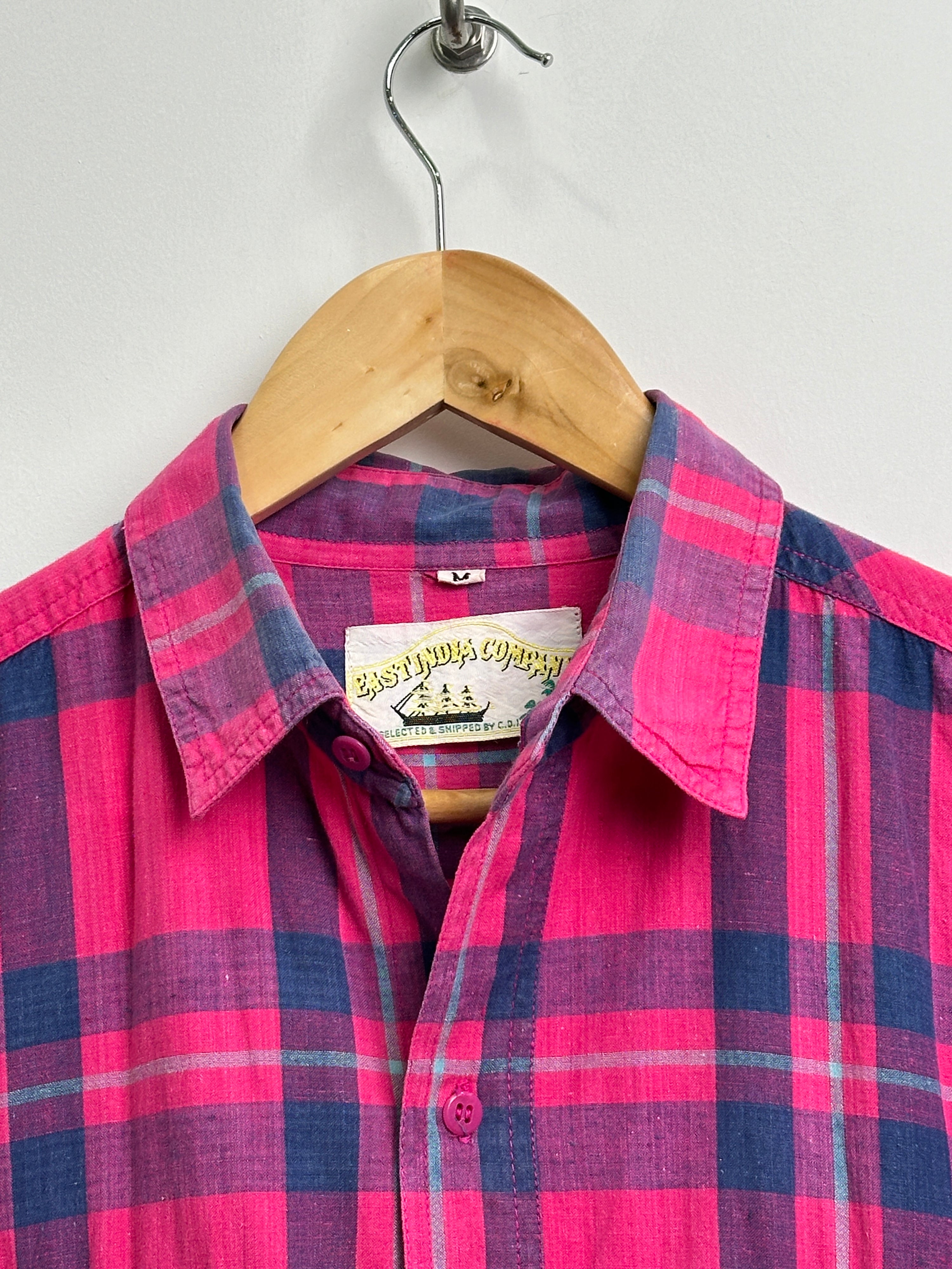 EastIndia Company vintage short-sleeve shirt in pink with blue stripes - thrift.mt