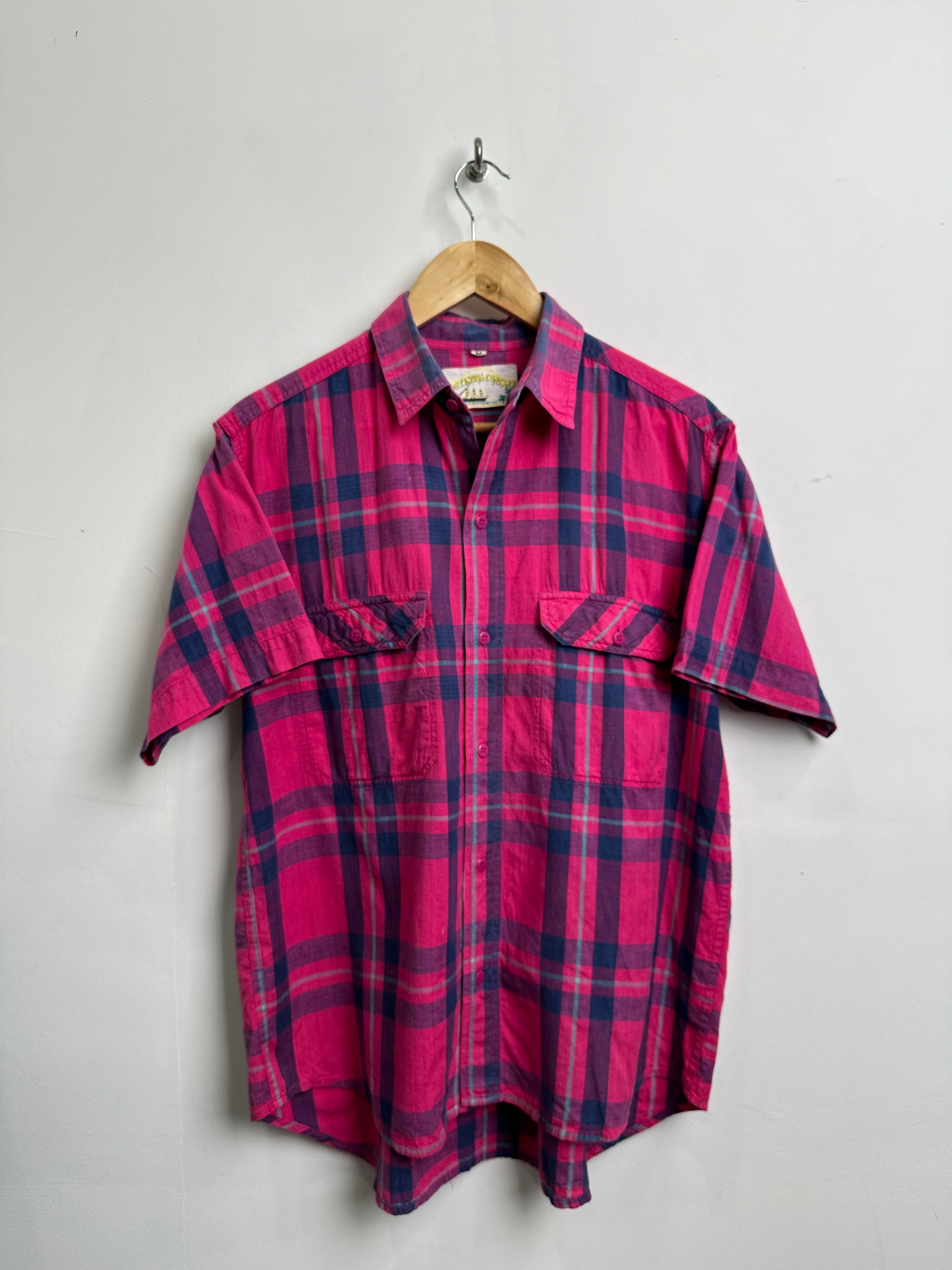 EastIndia Company vintage short-sleeve shirt in pink with blue stripes - thrift.mt