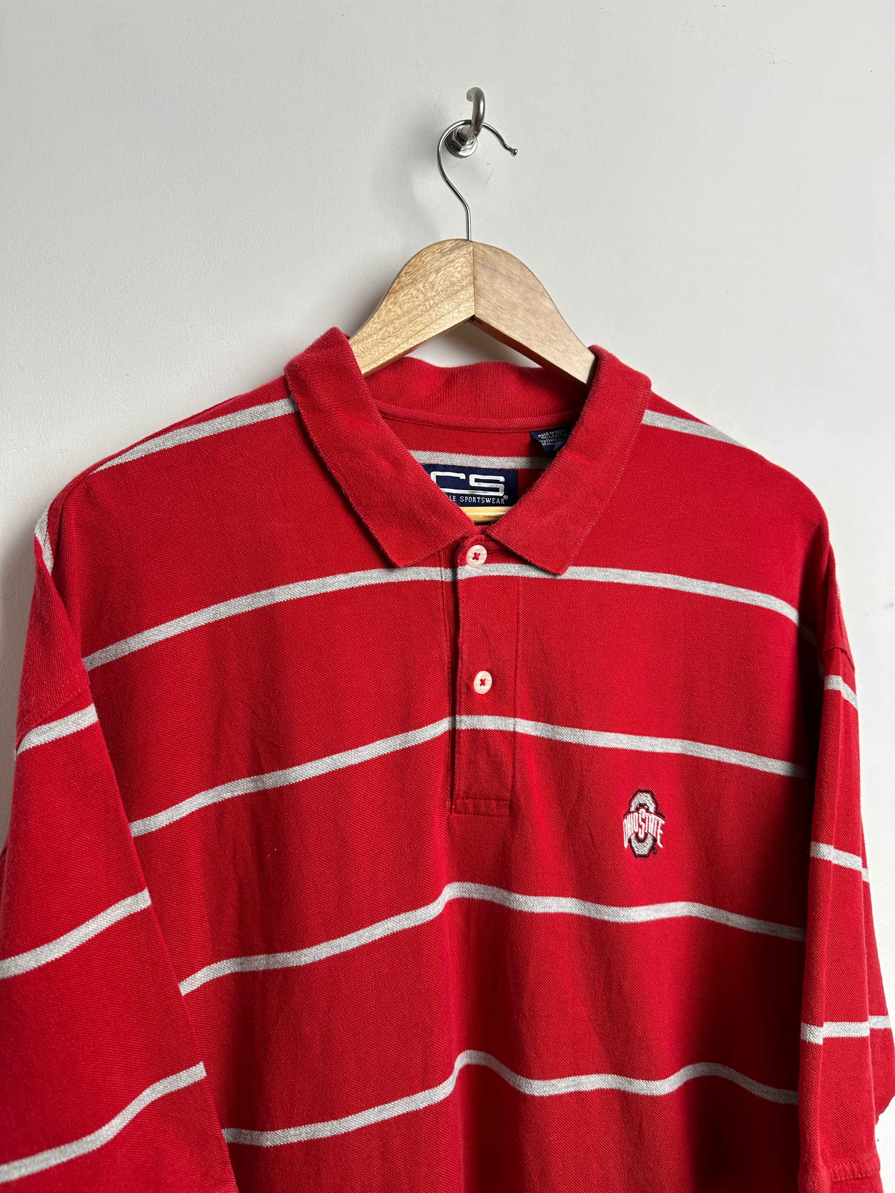 Ohio State short-sleeve polo shirt in red with grey stripes - thrift.mt