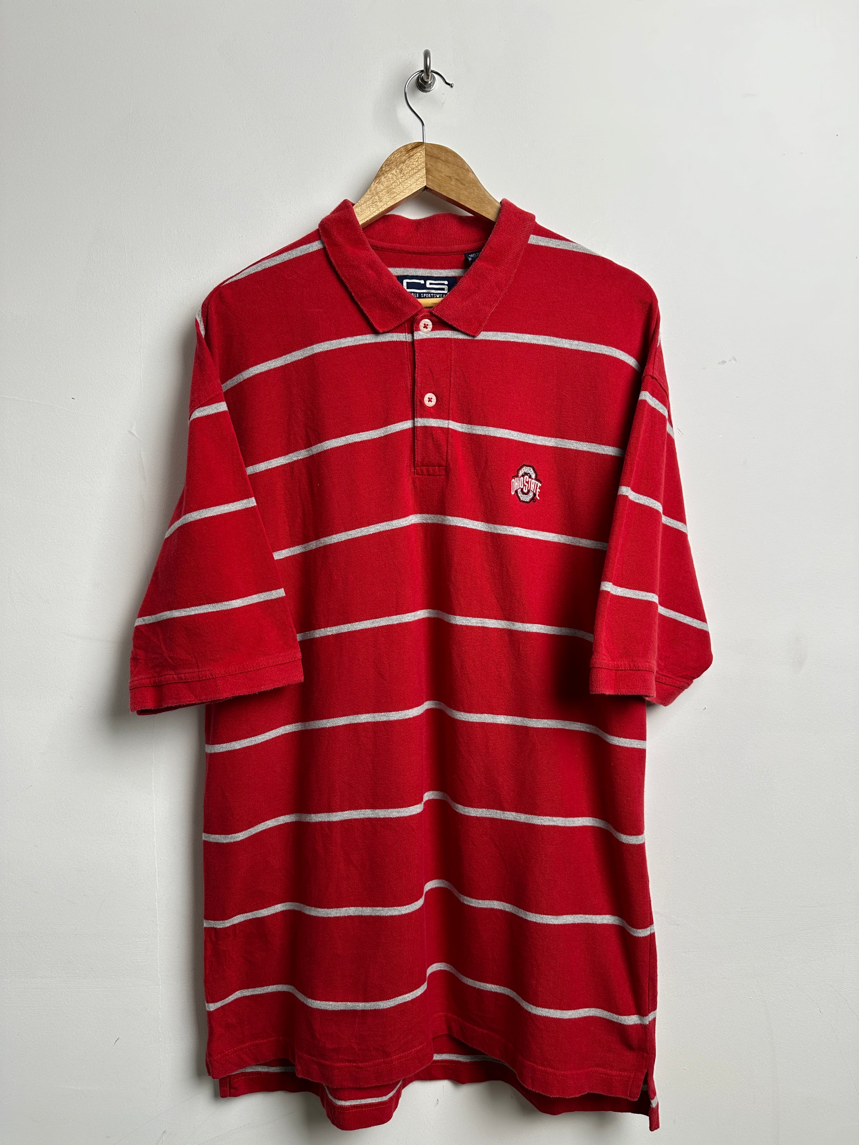 Ohio State short-sleeve polo shirt in red with grey stripes - thrift.mt