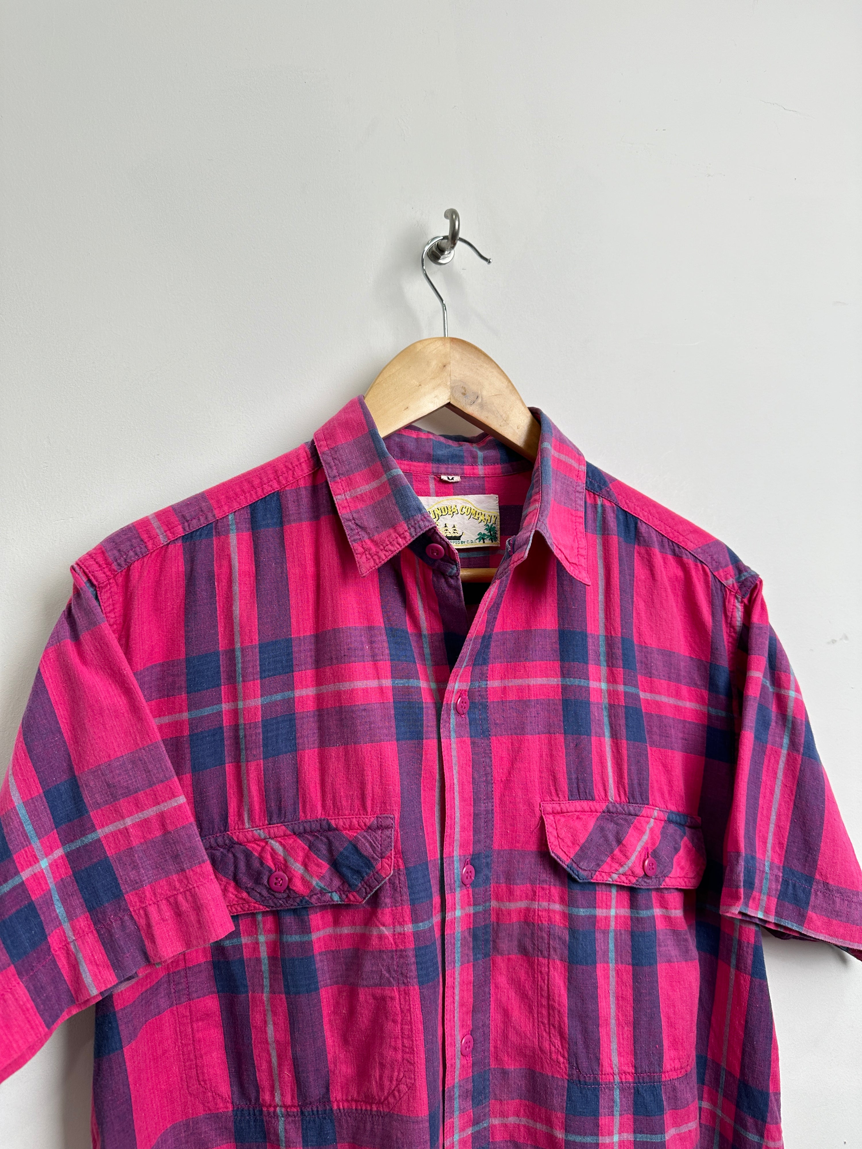 EastIndia Company vintage short-sleeve shirt in pink with blue stripes - thrift.mt