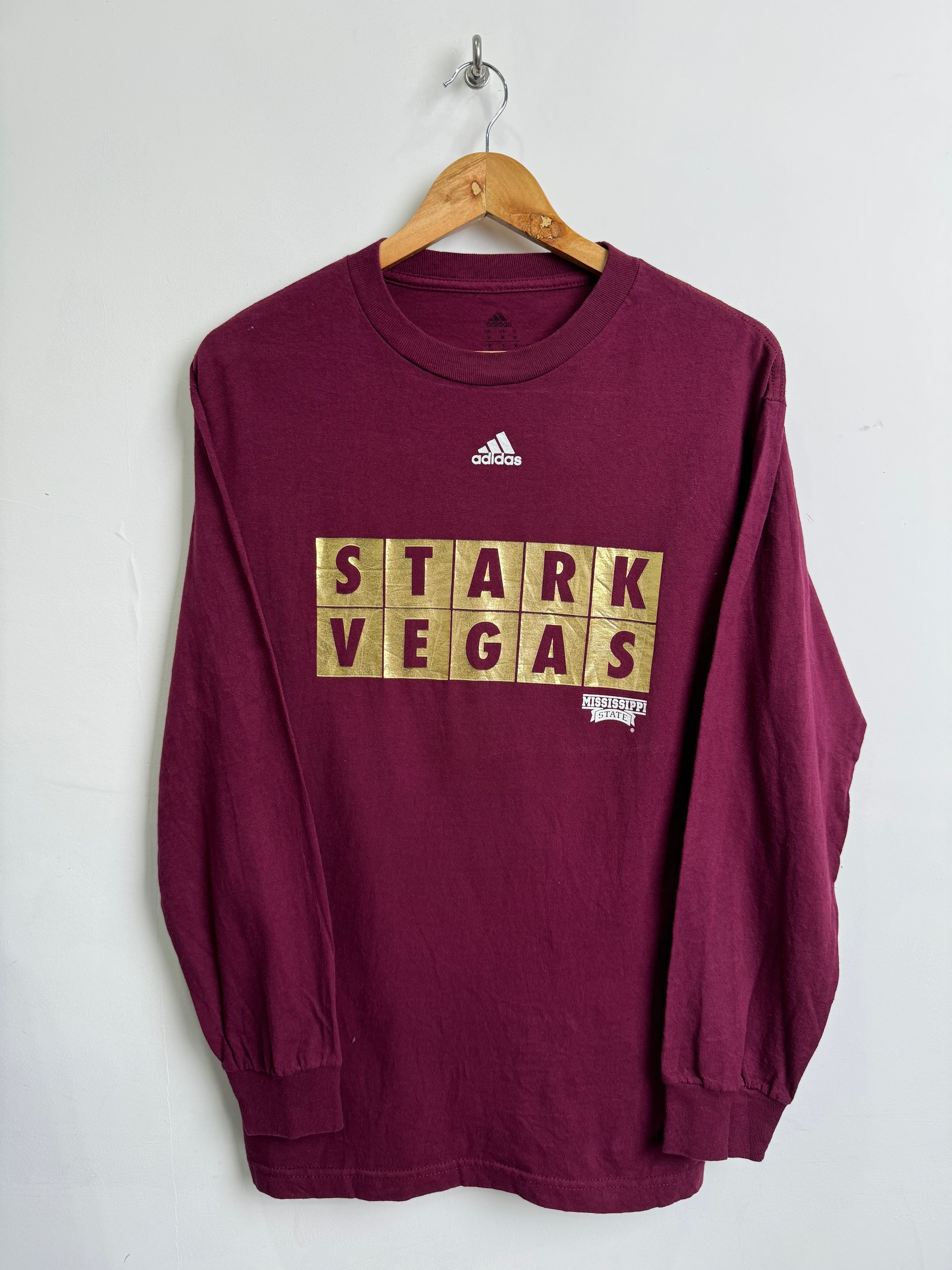 ADIDAS Stark Vegas Mississippi Long-Sleeved Tee in Maroon & Gold - thrift.mt