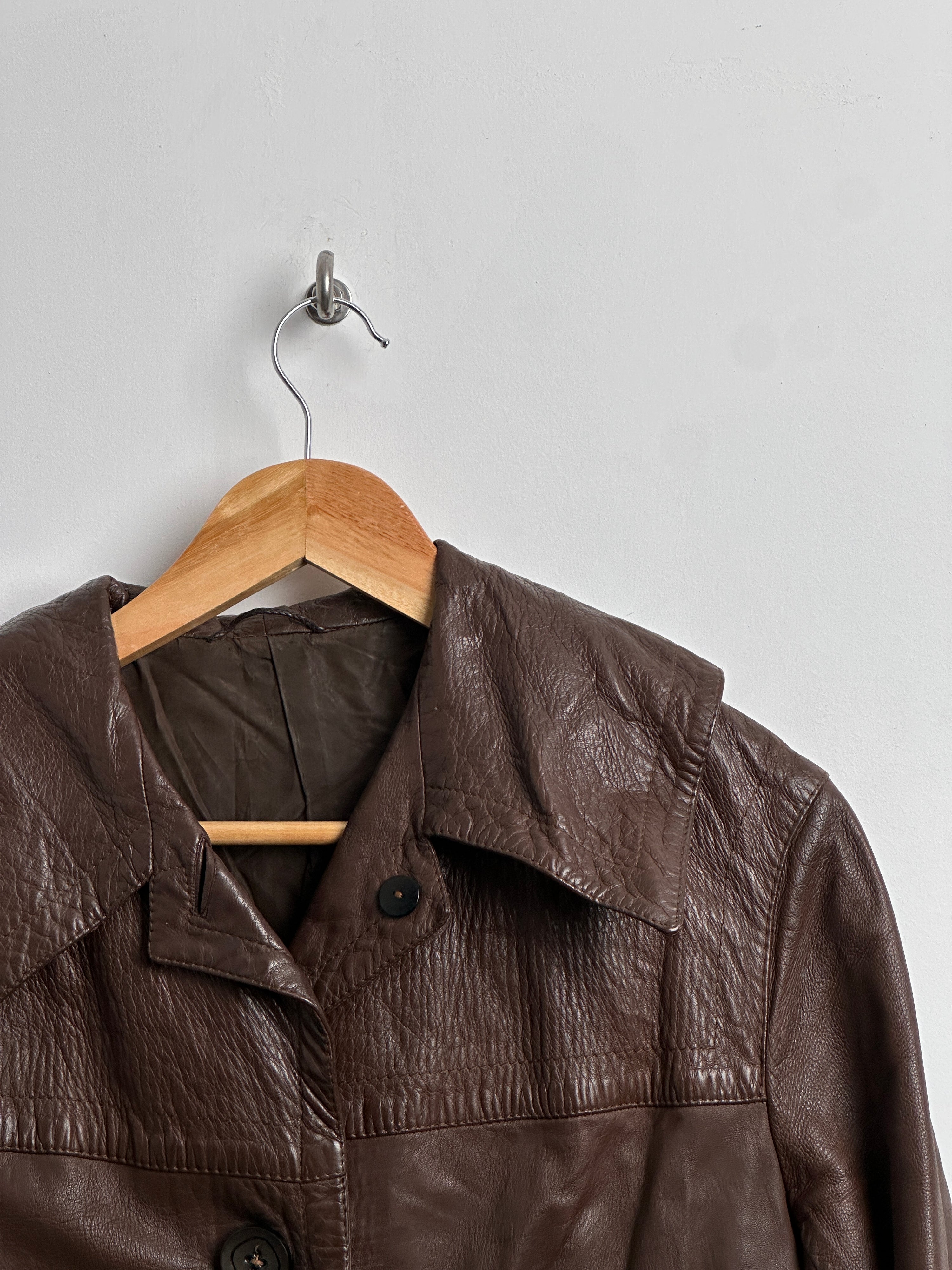 Brown leather button up trench