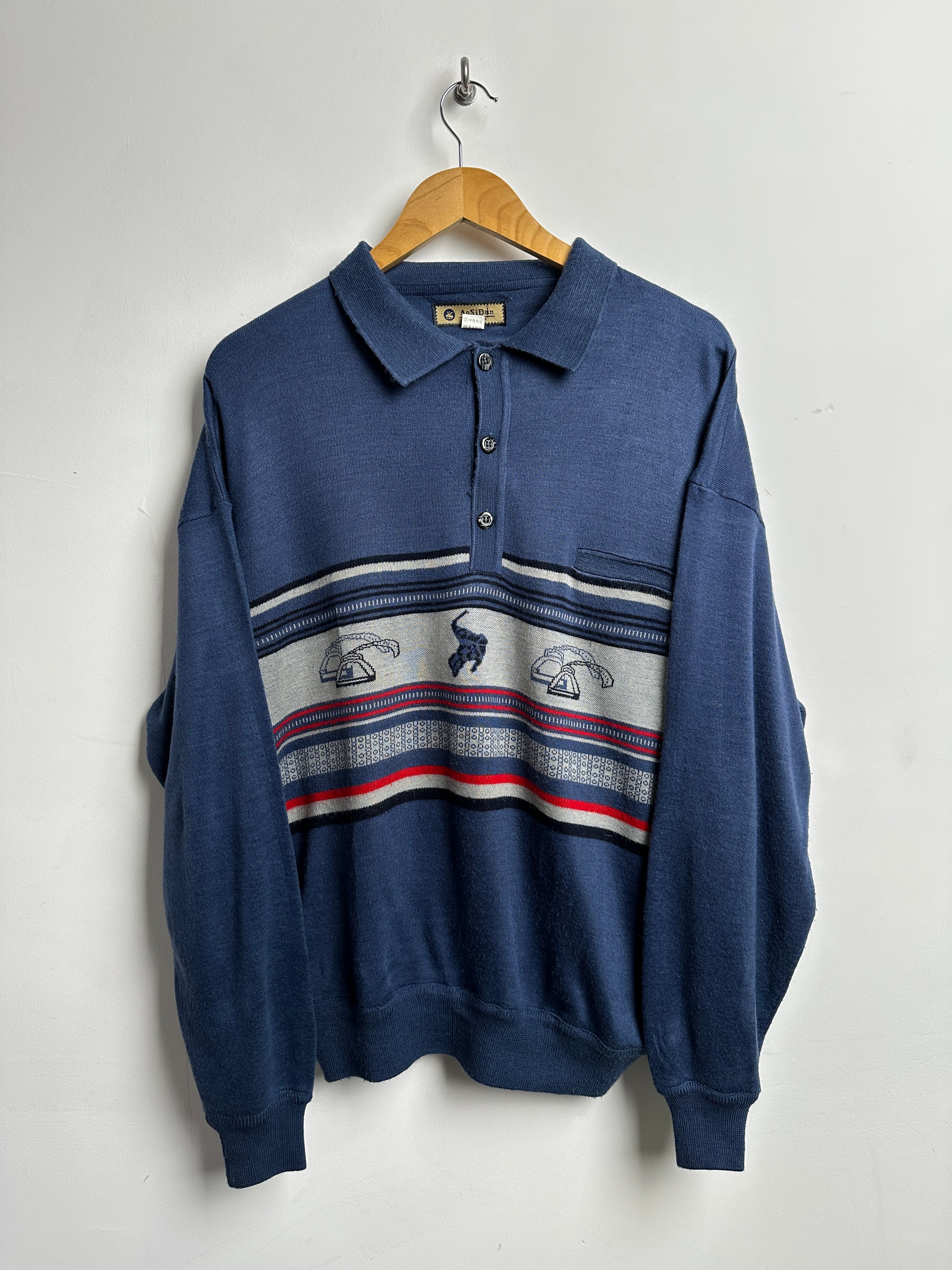 Vintage button up collared-knit sweater in blue - thrift.mt