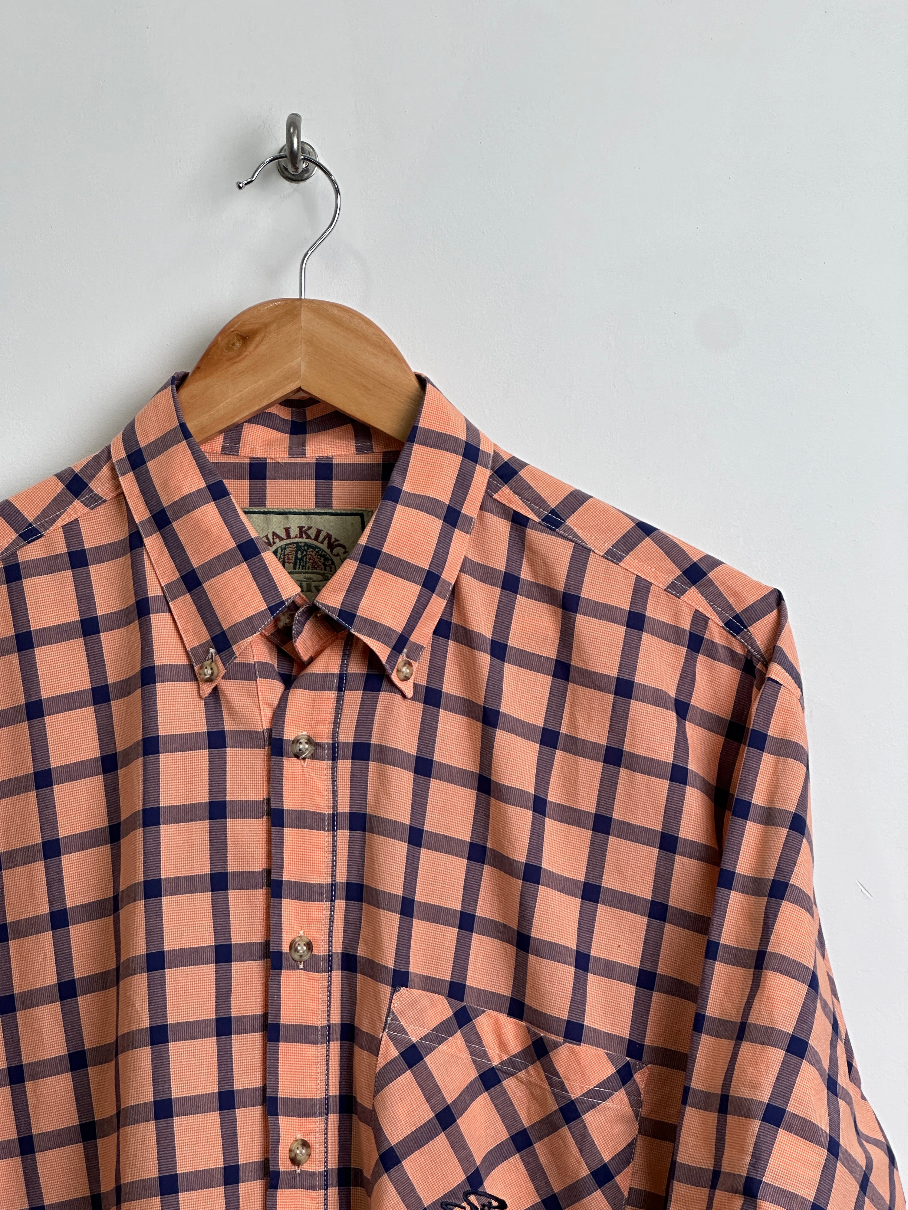 Walking Vintage short-sleeve shirt in orange with checked lines in blue - thrift.mt